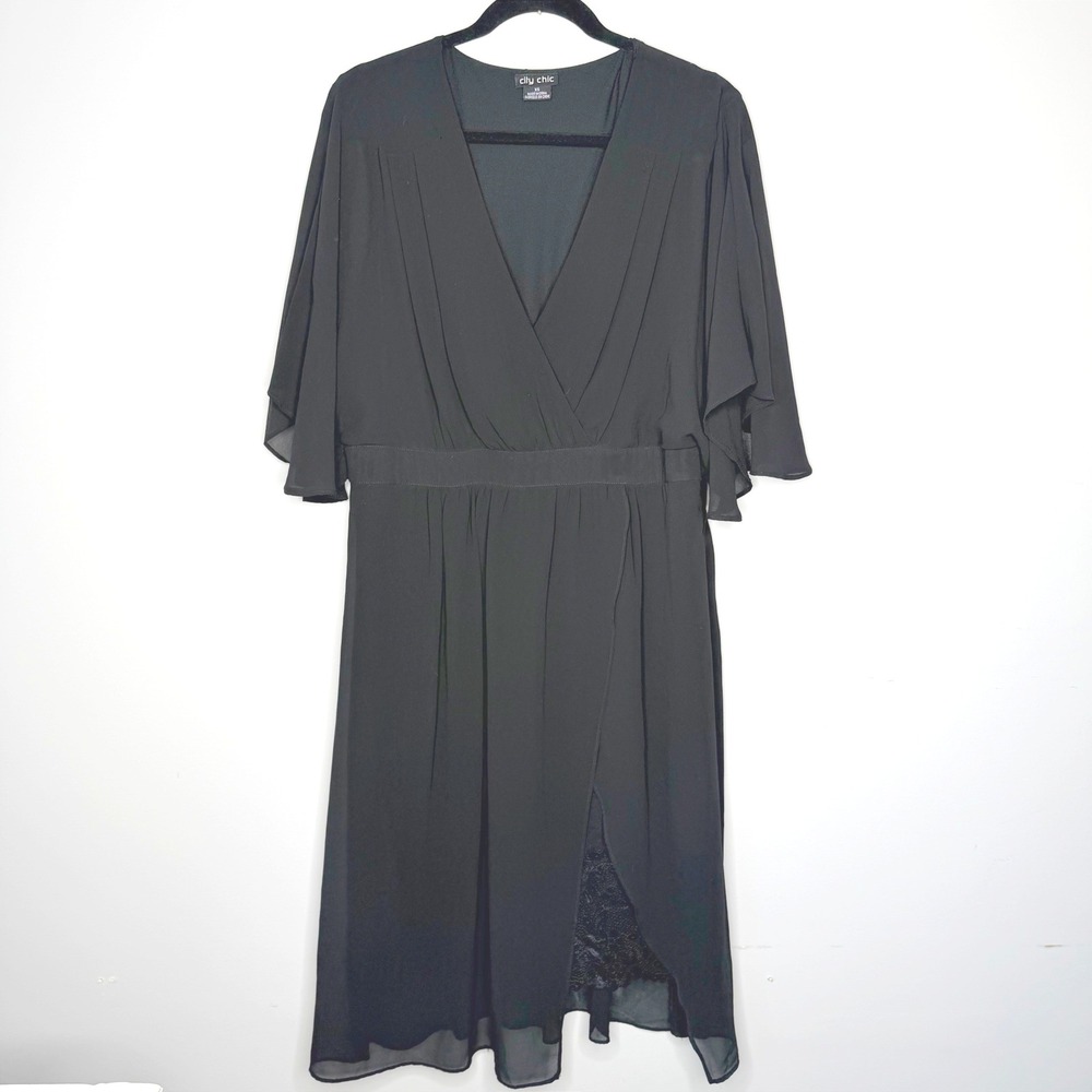 City Chic Black Wrap Front Midi Dress Lace Detail Flutter Sleeve Womens‎ Size 14
